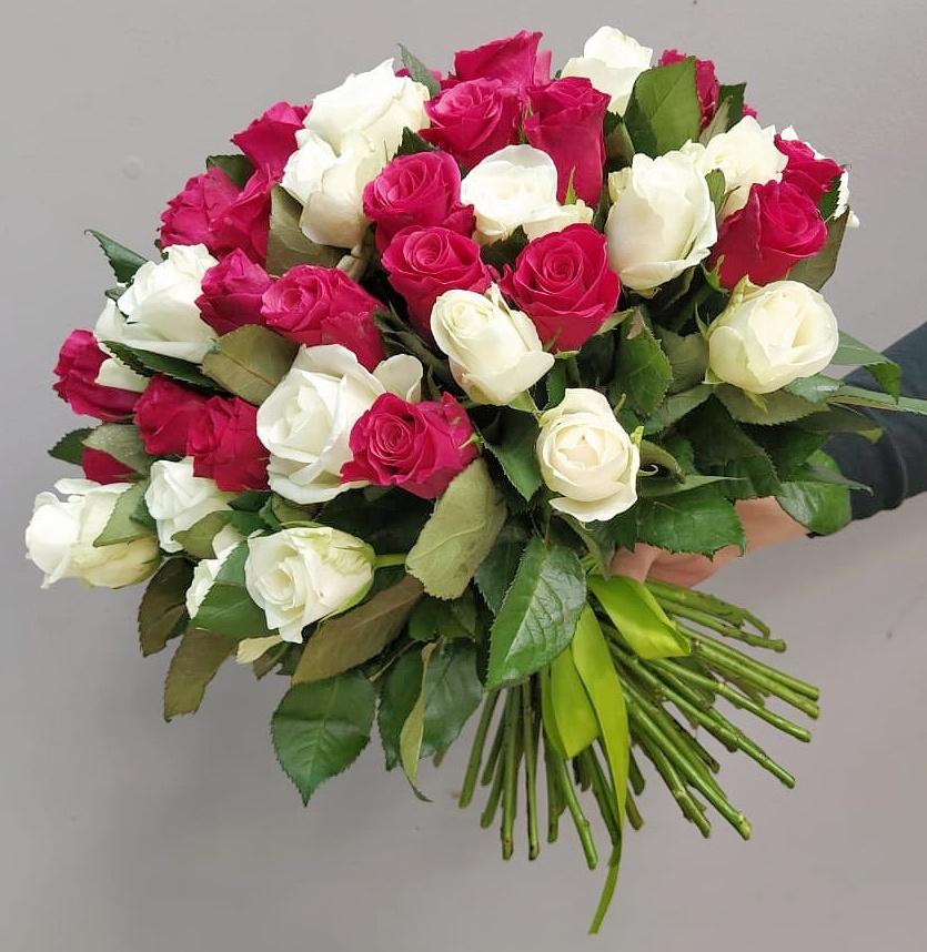 Букет из 51 Розы Кения 35 см Красно-белый №7312-КрБ