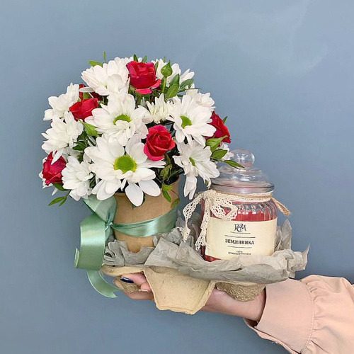 Сет "Романтичный". Набор стаканчик с цветами и аромасвечой в банке арт. 70191